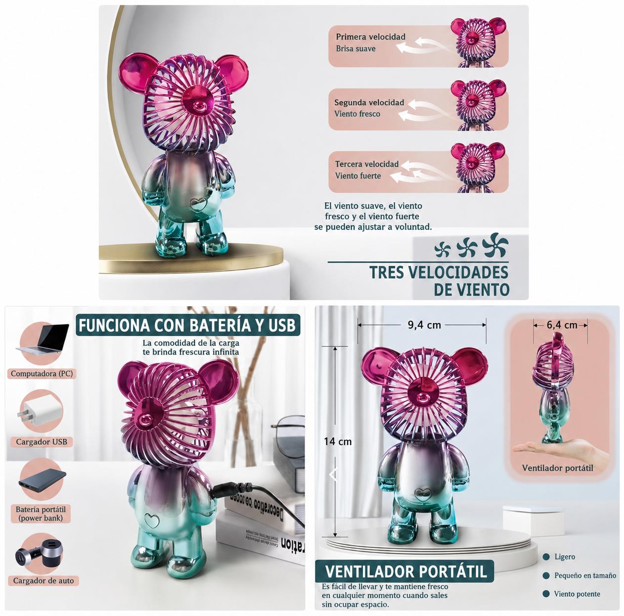 Mini Ventilador Osito Recargable